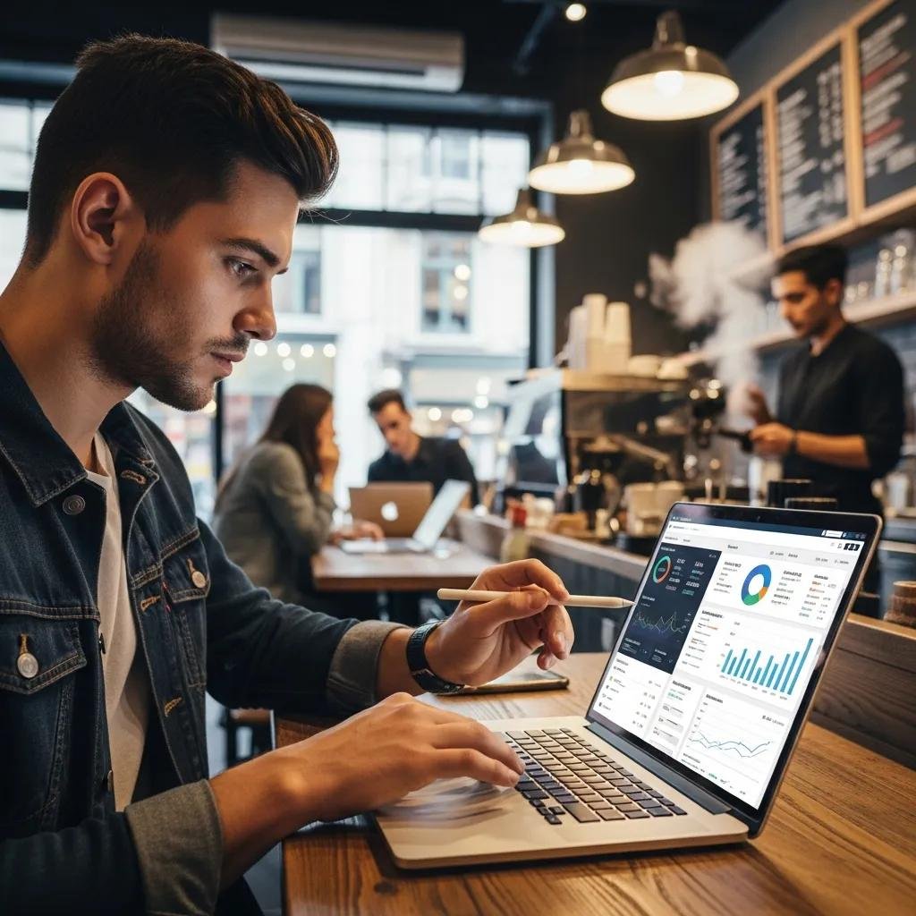 Young entrepreneur analyzing digital marketing metrics in a coffee shop, illustrating startup growth tactics and technology use
