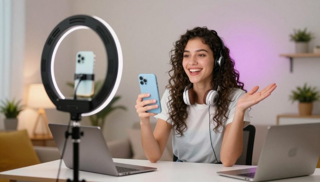 A bright, colorful home studio setup with a ring light and a smartphone recording a high-energy video, youthful and vibrant aesthetic, 4k resolution.
