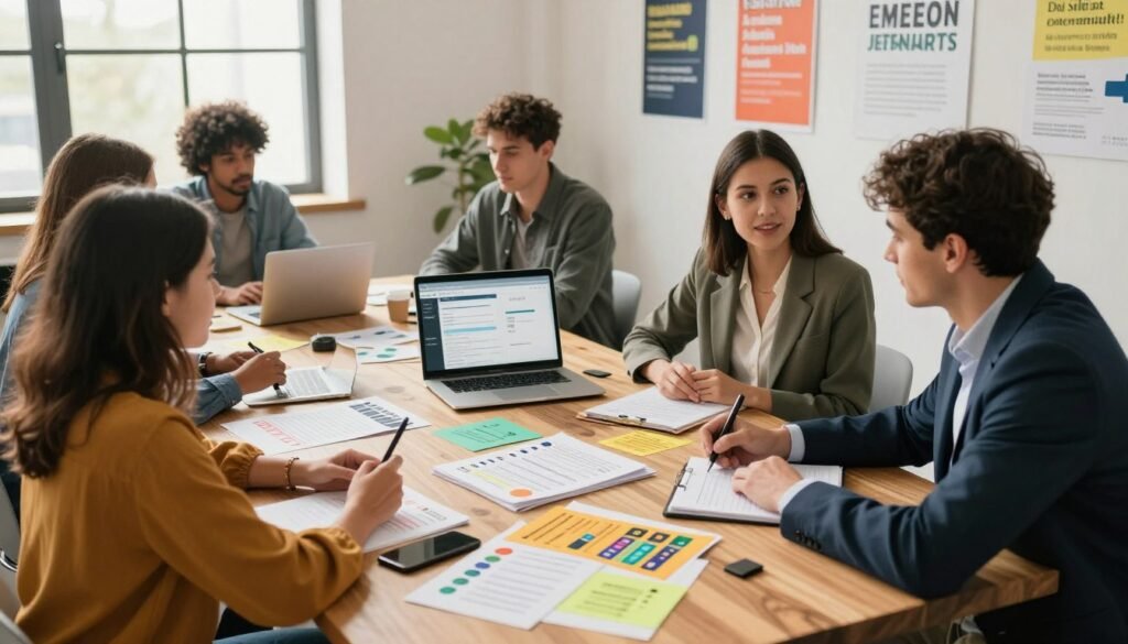A bright, modern office workspace filled with creative energy, centered around a wooden table cluttered with colorful lead magnets like eBooks, checklists, and infographics. In the foreground, a diverse group of professionals—a woman in smart casual attire engaging in a brainstorming session, a man in a tailored suit jotting down ideas on a notepad. The middle ground features a laptop open with email marketing software displayed, flanked by motivational posters on the walls. Soft, natural daylight filters through large windows, casting a warm ambiance across the scene, creating an inviting atmosphere for collaboration. The angle is slightly elevated, giving a clear view of the workspace and emphasizing the dynamic interaction among the team members. A bright, modern office workspace filled with creative energy, centered around a wooden table cluttered with colorful lead magnets like eBooks, checklists, and infographics. In the foreground, a diverse group of professionals—a woman in smart casual attire engaging in a brainstorming session, a man in a tailored suit jotting down ideas on a notepad. The middle ground features a laptop open with email marketing software displayed, flanked by motivational posters on the walls. Soft, natural daylight filters through large windows, casting a warm ambiance across the scene, creating an inviting atmosphere for collaboration. The angle is slightly elevated, giving a clear view of the workspace and emphasizing the dynamic interaction among the team members.