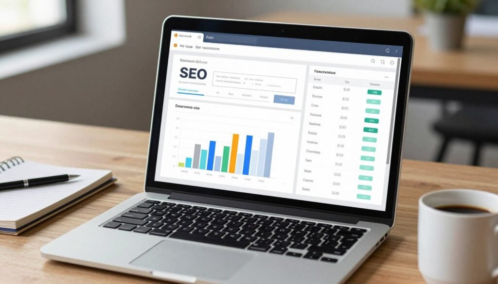 A close-up of a modern laptop screen displaying SEO software charts, search volume graphs, and keyword comparison tables in a professional setting.