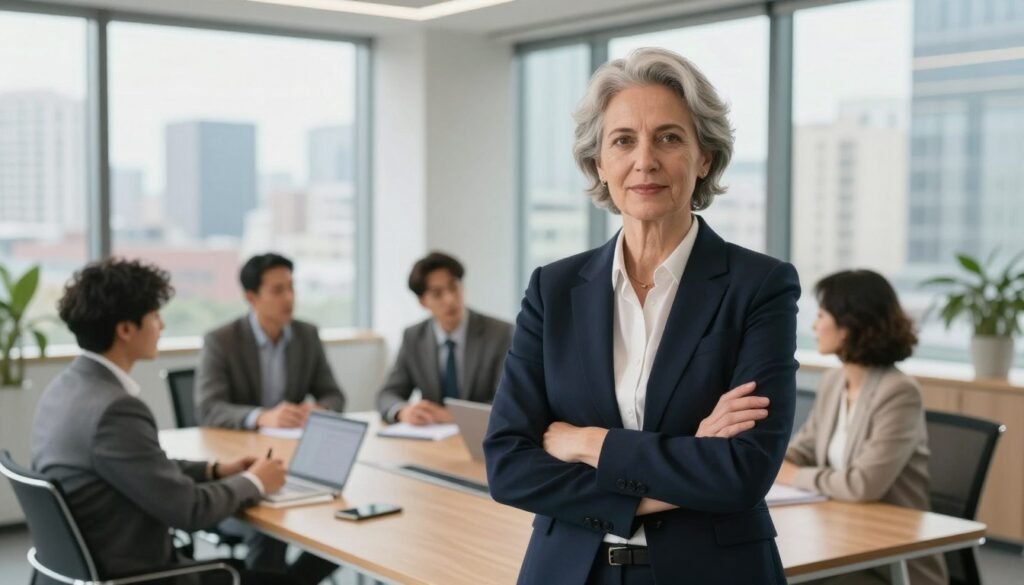 A confident business leader stands at the forefront, embodying authentic leadership presence. They are dressed in professional business attire, exuding charisma and approachability. Their gaze is forward, conveying wisdom and determination. The middle ground features a modern conference room with glass walls, showcasing a diverse team engaged in collaborative discussion, illustrating inclusiveness and teamwork. Soft, natural light streams through the windows, creating a warm and inviting atmosphere. The background reveals a city skyline, symbolizing ambition and connectivity in the professional world. The overall mood is inspirational and empowering, highlighting the essence of authentic leadership in a contemporary setting, captured with a shallow depth of field to emphasize the subject.
