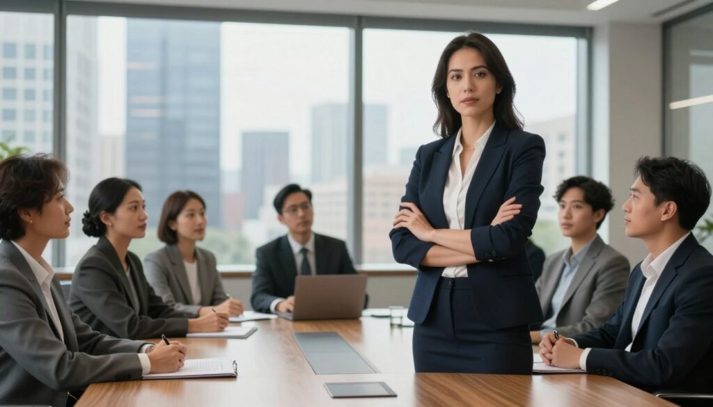A confident businesswoman in professional attire standing at a sleek conference table, exuding executive presence. The foreground features her assertive posture and strong eye contact with a group of attentive colleagues in modern office attire seated around the table. The middle ground showcases a diverse team of professionals engaging with her, demonstrating a supportive and collaborative atmosphere. In the background, large windows reveal a bustling city skyline, symbolizing success and ambition. Soft, natural lighting filters through the space, creating a warm yet dynamic environment. The angle captures a slight low viewpoint, enhancing the sense of leadership and empowerment. The overall mood is one of determination, resilience, and the triumph over challenges in cultivating executive presence.