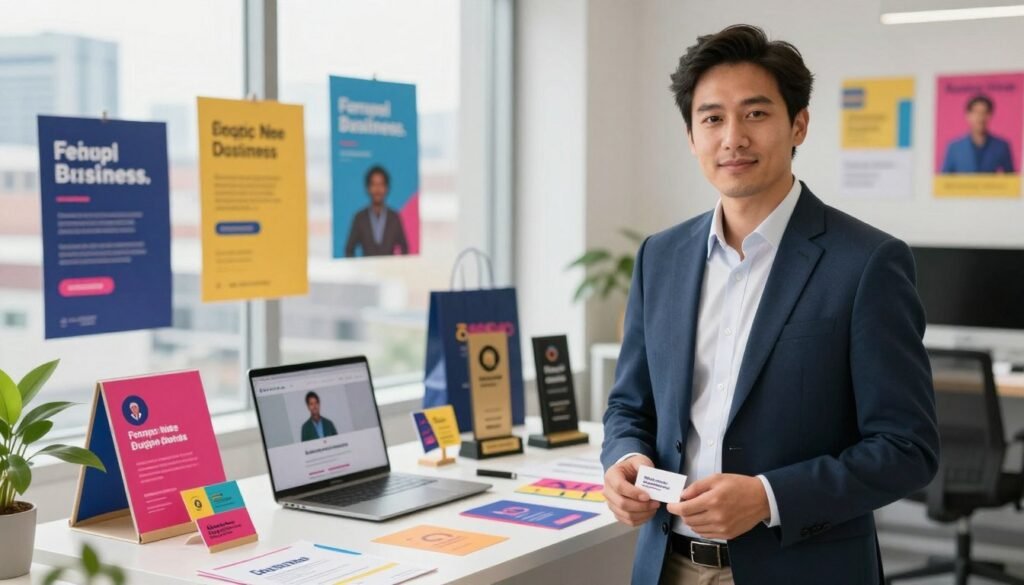 A confident small business owner stands in the foreground, dressed in a tailored suit, exuding professionalism and poise. The individual is engaging with their vibrant personal brand materials, such as business cards and digital devices showcasing their logo and website. In the middle ground, a visually appealing workspace filled with branding elements—like colorful posters, branded merchandise, and awards—illustrates a strong brand presence. The background features a softly blurred city skyline, signifying ambition and opportunity. Natural light streams in from large windows, creating a bright and inviting atmosphere. The composition should be shot from a slightly elevated angle to emphasize the subject's stature and the dynamic workspace. The mood is inspiring and empowering, highlighting the essence of personal branding for success.