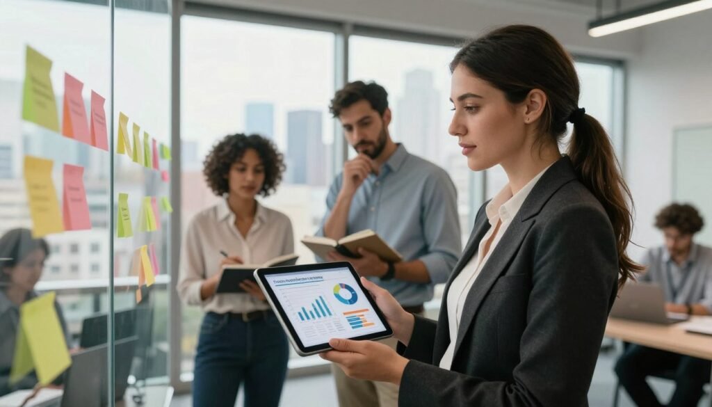 A contemporary office setting showcasing a diverse team of professionals engaged in a strategic marketing brainstorming session. In the foreground, a confident woman in smart business attire presents a digital tablet displaying graphs and charts illustrating thought leadership strategies. The middle ground captures team members, including a thoughtful man taking notes and a woman collaborating on ideas with sticky notes on a glass wall. In the background, a large window reveals a city skyline, flooded with natural light, creating an inspiring atmosphere. The overall mood exudes professionalism, collaboration, and innovation, with soft, warm lighting to emphasize a motivating environment. The camera angle is slightly elevated, giving a comprehensive view of the team dynamics and their focus on strategic branding elements.
