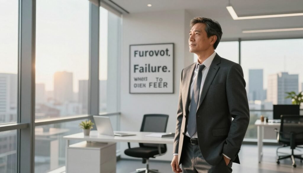 A determined entrepreneur stands confidently in a modern office, symbolizing the triumph over fear of failure. In the foreground, a middle-aged man in a tailored suit, with a focused expression, looks out of a large glass window, representing hope and ambition. The middle ground features a sleek desk with motivational quotes framed on the wall, emphasizing a positive mindset. The background showcases an urban skyline bathed in warm sunlight, symbolizing new opportunities. The lighting is bright and uplifting, creating an atmosphere of optimism and resilience. The composition is framed from a slightly low angle to evoke strength and perspective, highlighting the entrepreneur's journey toward success in business while overcoming challenges.