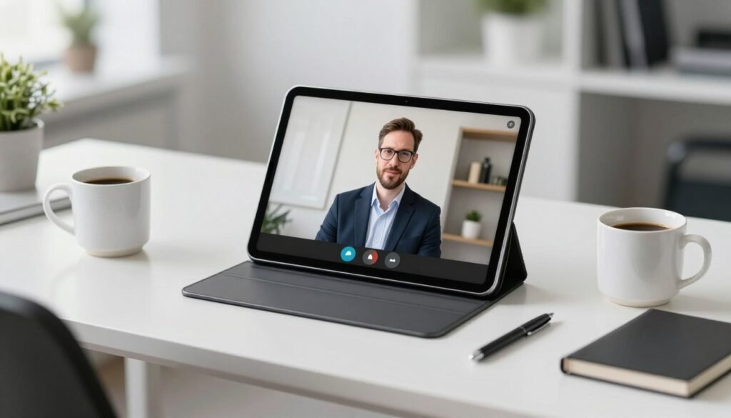 A digital tablet displaying a video call with a professional executive coach, modern office desk with a coffee mug, bright and professional lighting. A digital tablet displaying a video call with a professional executive coach, modern office desk with a coffee mug, bright and professional lighting.