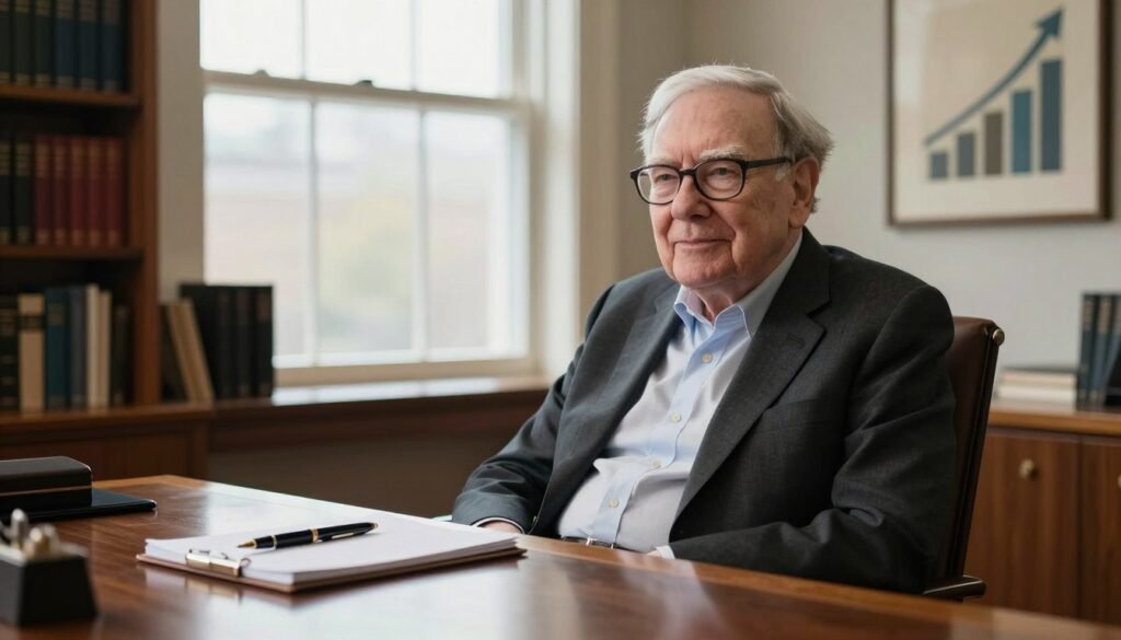 A distinguished older man with glasses, resembling Warren Buffett, dressed in a smart casual outfit that radiates simplicity, exuding wisdom and authority. He is seated in a warm, inviting office, surrounded by shelves lined with books on investing and leadership. In the foreground, a polished wooden desk with a notepad and a classic fountain pen reflects a sense of focus and practicality. The middle ground features a large window letting in soft, natural light, illuminating the room and creating a calm atmosphere. In the background, a tasteful piece of art representing growth and prosperity hangs on the wall. The overall mood is serene and inspiring, emphasizing Buffett's personal brand of grounded leadership and insight without any distractions like text or logos.