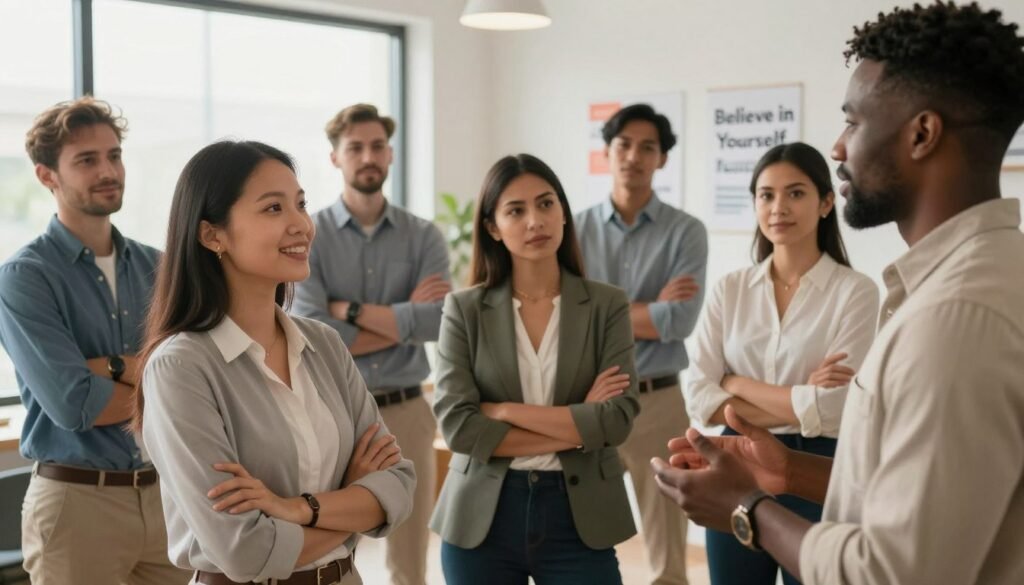 A diverse group of confident entrepreneurs standing together in a well-lit modern office space, each dressed in professional business attire. The foreground features a woman of Asian descent, smiling as she shares ideas with a Black man, both looking engaged and supportive. In the middle ground, a Hispanic woman stands with arms crossed, reflecting determination and strength. Surrounding them are motivational posters with positive affirmations subtly visible in the background, such as "Believe in Yourself" and "You Are Enough." Soft, warm lighting filters in through large windows, creating an inviting atmosphere of collaboration and empowerment. The camera angle is slightly elevated, capturing the essence of teamwork and resilience, emphasizing the theme of overcoming imposter syndrome through reframing internal narratives. A diverse group of confident entrepreneurs standing together in a well-lit modern office space, each dressed in professional business attire. The foreground features a woman of Asian descent, smiling as she shares ideas with a Black man, both looking engaged and supportive. In the middle ground, a Hispanic woman stands with arms crossed, reflecting determination and strength. Surrounding them are motivational posters with positive affirmations subtly visible in the background, such as "Believe in Yourself" and "You Are Enough." Soft, warm lighting filters in through large windows, creating an inviting atmosphere of collaboration and empowerment. The camera angle is slightly elevated, capturing the essence of teamwork and resilience, emphasizing the theme of overcoming imposter syndrome through reframing internal narratives.
