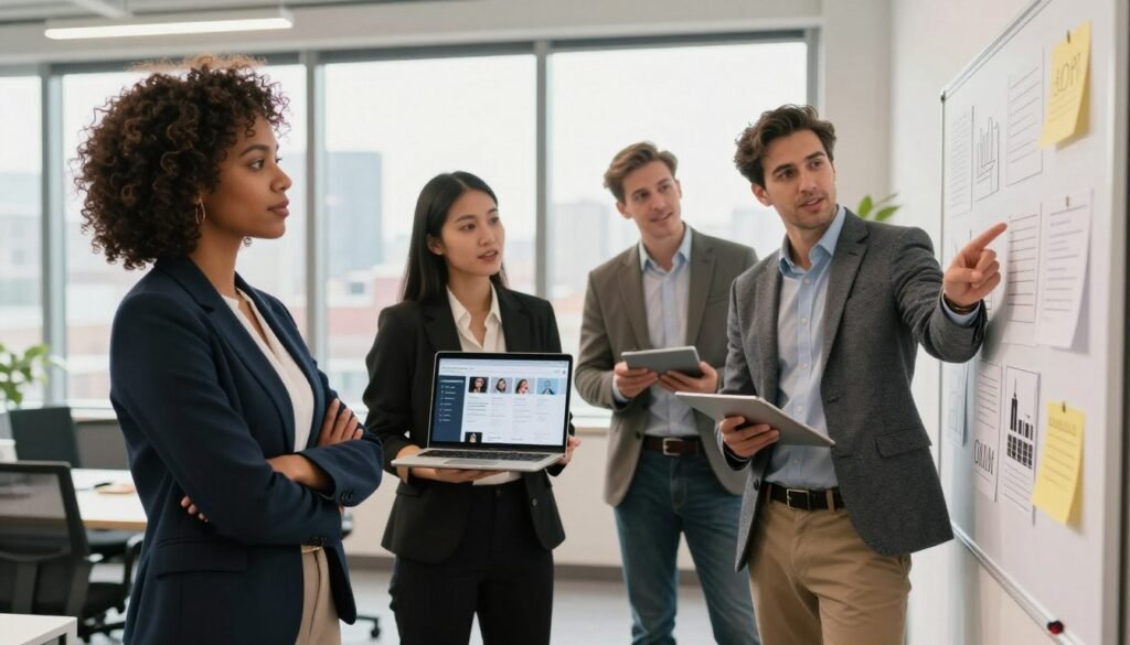 A diverse group of four entrepreneurs stands confidently in a well-lit modern office, showcasing their unique personal brands. In the foreground, a Black woman in a stylish business suit points to a vision board filled with goals, while a Hispanic man, dressed in smart casual attire, eagerly engages with her. In the middle ground, an Asian woman in professional attire presents a laptop displaying social media profiles, and a Caucasian man in a tailored blazer takes notes on a tablet. The background features a large window with cityscape views, infused with warm, natural light to create an inspiring atmosphere. The overall mood conveys collaboration, innovation, and individual expression, emphasizing the essence of personal branding in entrepreneurship.