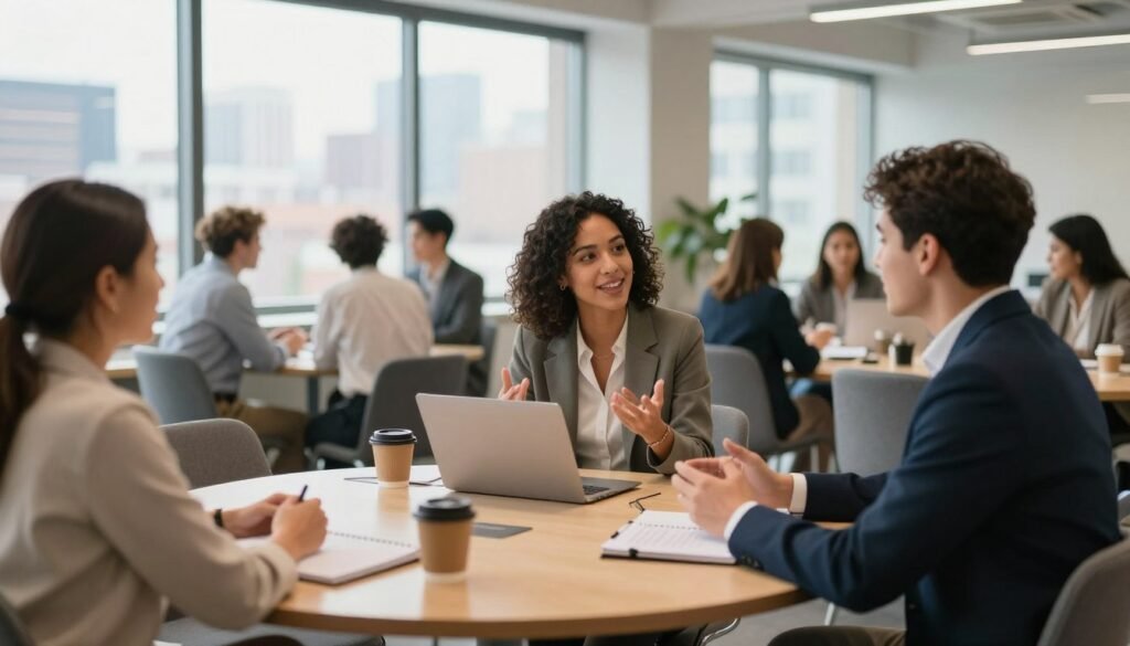 A diverse group of small business entrepreneurs networking in a modern, well-lit conference room. In the foreground, three individuals are engaged in a lively discussion, one woman and two men, all dressed in professional business attire. The middle ground features a large round table with notebooks, laptops, and coffee cups, highlighting a collaborative atmosphere. In the background, large windows allow natural light to fill the room, showcasing a city skyline. The mood is inspirational and energetic, capturing the essence of support and connection among entrepreneurs. Use a soft focus effect on the background to emphasize the subjects in the foreground, with a warm color palette to evoke positivity and motivation.