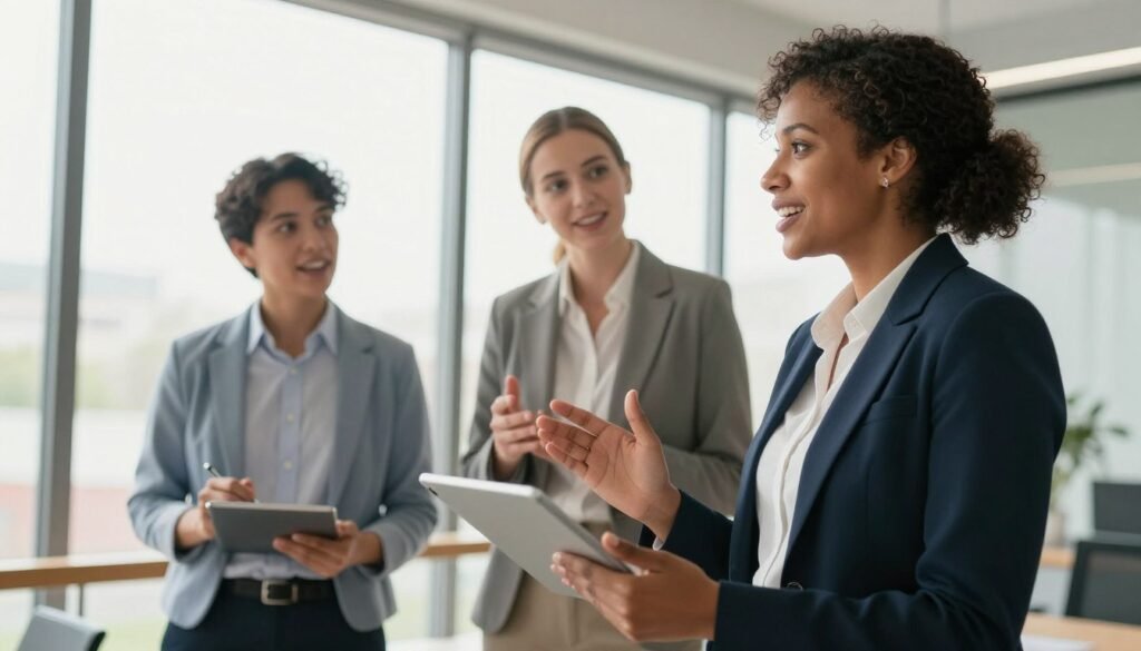 A diverse group of three professional leaders in a modern office setting, demonstrating a growth mindset. In the foreground, a Black woman in a professional business suit enthusiastically discusses ideas, while a Hispanic man in smart-casual attire takes notes on a digital tablet. In the middle ground, a Caucasian woman in a blazer offers feedback, fostering open communication. The background features large windows with a bright, sunny day outside, symbolizing optimism and opportunity. Soft, natural lighting highlights their engaged expressions, creating a motivating and collaborative atmosphere. The angle is slightly elevated, giving a perspective of teamwork and shared learning. The overall mood is one of inspiration and positive energy, encouraging innovation and growth in the workplace.