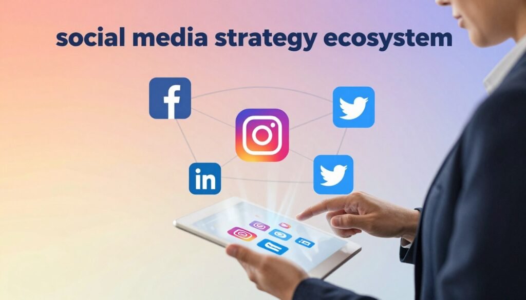A dynamic and engaging visualization of a "social media strategy ecosystem" depicting various elements of branding and connection. In the foreground, a professional business person, dressed in smart casual attire, is interacting with a digital tablet displaying social media icons. In the middle layer, illustrations of interconnected platforms – including icons for Facebook, Instagram, Twitter, and LinkedIn – float around, connected by lines to symbolize communication and strategy. The background features a subtle gradient of warm colors, emanating a feeling of positivity and motivation. Soft, diffused lighting creates an inviting atmosphere, while a shallow depth of field keeps the focus on the individual and their active engagement with social media tools. This composition represents the mindset shift necessary to build a brand on social media without burnout.
