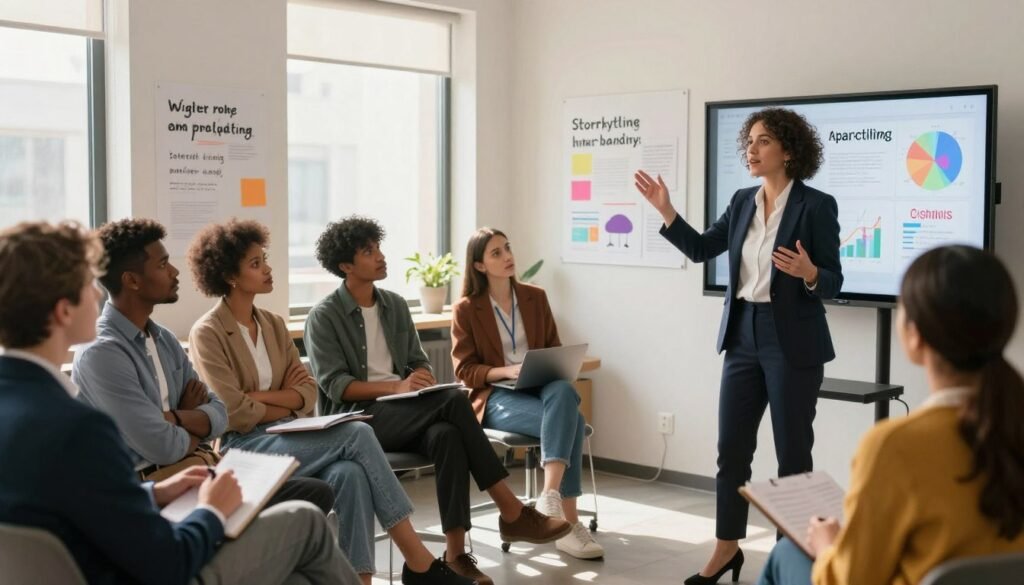 A dynamic scene depicting the concept of storytelling in marketing, featuring a diverse group of professionals in a modern office environment. In the foreground, a confident woman in a sleek, professional outfit passionately gestures while presenting a story on a digital screen. In the middle, a diverse audience of engaged colleagues, both male and female, attentively listens, some taking notes, reflecting a lively brainstorming session. The background showcases a creative workspace with inspirational quotes on whiteboards, colorful charts, and storyboards illustrating successful marketing campaigns. Soft, natural light streams through large windows, casting a warm glow, creating an inviting and collaborative atmosphere. The overall mood conveys innovation, creativity, and enthusiasm for vibrant storytelling in marketing. A dynamic scene depicting the concept of storytelling in marketing, featuring a diverse group of professionals in a modern office environment. In the foreground, a confident woman in a sleek, professional outfit passionately gestures while presenting a story on a digital screen. In the middle, a diverse audience of engaged colleagues, both male and female, attentively listens, some taking notes, reflecting a lively brainstorming session. The background showcases a creative workspace with inspirational quotes on whiteboards, colorful charts, and storyboards illustrating successful marketing campaigns. Soft, natural light streams through large windows, casting a warm glow, creating an inviting and collaborative atmosphere. The overall mood conveys innovation, creativity, and enthusiasm for vibrant storytelling in marketing.