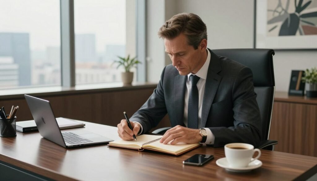 A focused billionaire, dressed in a sharp tailored suit, sits at a sleek, modern desk in a high-rise office with panoramic city views. His serious expression reflects deep concentration as he jots down innovative ideas in a stylish, leather-bound notepad. The foreground features a polished wooden desk adorned with a few high-end tech gadgets and a coffee cup, while elegant office décor and motivational art fill the background. Soft morning light streams through large windows, casting a warm glow across the scene, creating an atmosphere of productivity and inspiration. The composition is captured from a slightly elevated angle, enhancing the sense of ambition and success, without any text or distractions in the image. A focused billionaire, dressed in a sharp tailored suit, sits at a sleek, modern desk in a high-rise office with panoramic city views. His serious expression reflects deep concentration as he jots down innovative ideas in a stylish, leather-bound notepad. The foreground features a polished wooden desk adorned with a few high-end tech gadgets and a coffee cup, while elegant office décor and motivational art fill the background. Soft morning light streams through large windows, casting a warm glow across the scene, creating an atmosphere of productivity and inspiration. The composition is captured from a slightly elevated angle, enhancing the sense of ambition and success, without any text or distractions in the image.