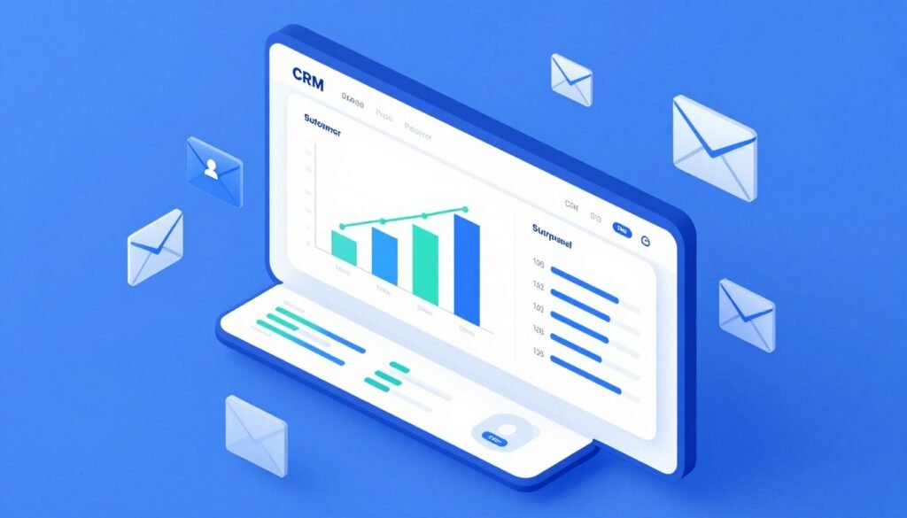 A high-quality 3D isometric illustration of a CRM software dashboard showing colorful charts, subscriber growth statistics, and email marketing integration icons, professional blue and white color palette, 4k resolution. A high-quality 3D isometric illustration of a CRM software dashboard showing colorful charts, subscriber growth statistics, and email marketing integration icons, professional blue and white color palette, 4k resolution.