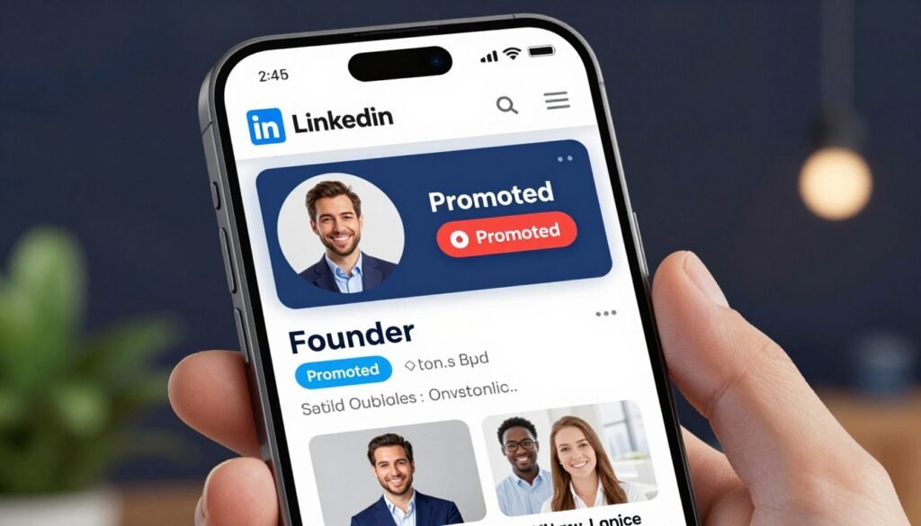 A high-quality 3D render of a LinkedIn feed on a smartphone, showing a founder's post being boosted with a 'Promoted' label, professional lighting, vibrant interface colors, modern tech aesthetic.
