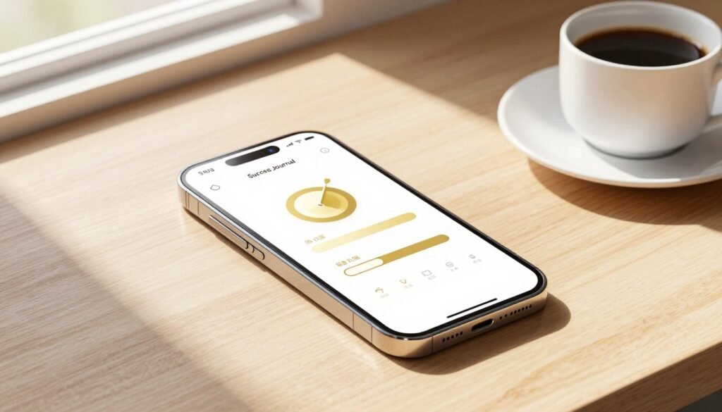 A high-quality 3D render of a modern smartphone displaying a sleek success journal app with gold progress icons, placed on a clean wooden desk next to a cup of coffee, soft morning sunlight. A high-quality 3D render of a modern smartphone displaying a sleek success journal app with gold progress icons, placed on a clean wooden desk next to a cup of coffee, soft morning sunlight.