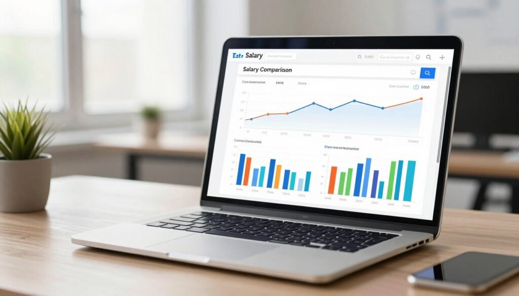 A high-quality digital dashboard showing a salary comparison tool with interactive line graphs, colorful bar charts, and a search bar on a laptop screen, set in a bright, modern office with soft natural lighting, photorealistic, 4k.