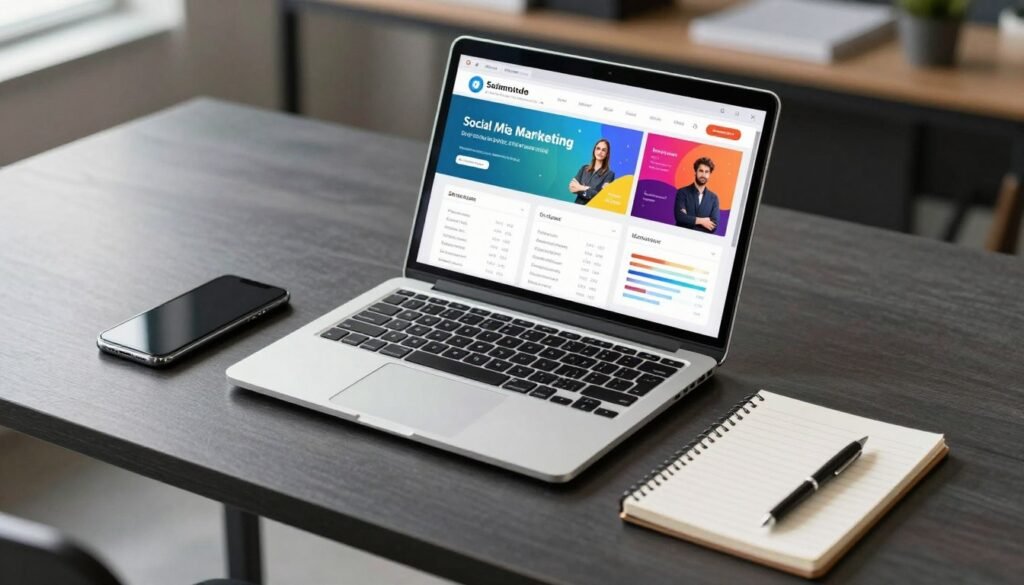 A high-quality photo of a modern office desk with a laptop displaying a colorful social media marketing dashboard, a smartphone, and a notepad, soft natural light, professional aesthetic.