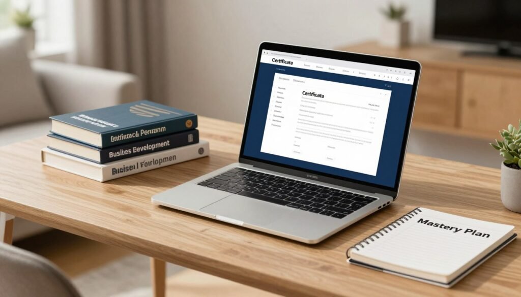 A high-quality, professional photo of a modern home office with a sleek laptop open to an online certificate program, a stack of business development books, and a notebook titled 'Mastery Plan', warm natural lighting. A high-quality, professional photo of a modern home office with a sleek laptop open to an online certificate program, a stack of business development books, and a notebook titled 'Mastery Plan', warm natural lighting.