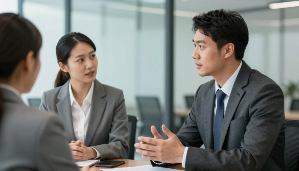 A high-resolution image of a professional male and female executive in a modern glass office, engaging in a one-on-one coaching session with a focus on body language and leadership presence, soft natural lighting, realistic style.