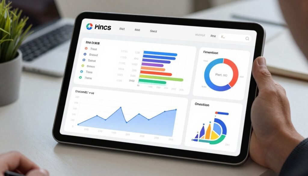 A high-tech digital dashboard for an entrepreneur showing colorful time-tracking analytics, sleek graphs, and productivity icons on a modern tablet, soft office lighting, 4k resolution.