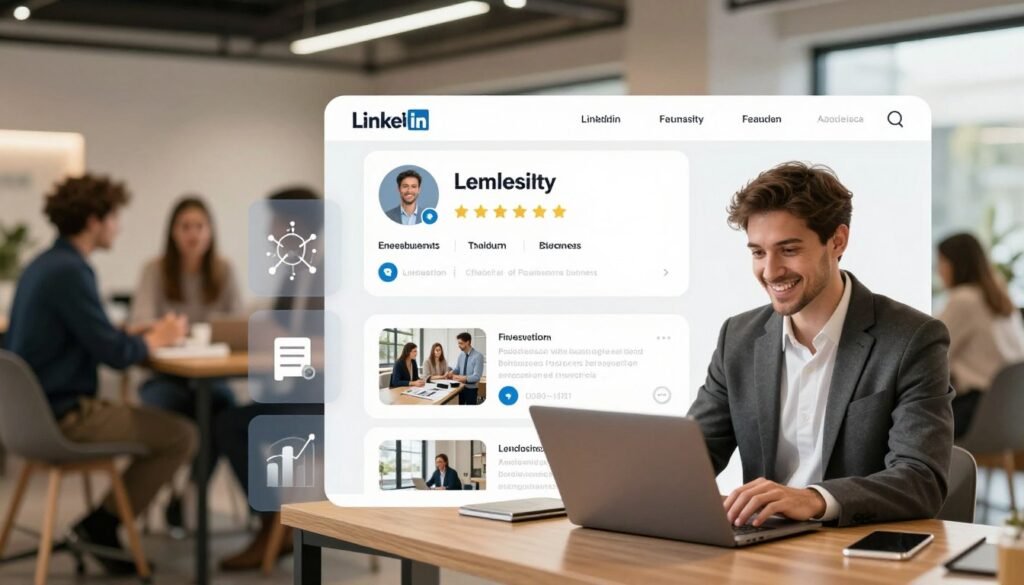 A modern LinkedIn profile visualization, featuring a sleek digital interface showcasing various elements of social proof such as endorsements, recommendations, and featured posts. In the foreground, a professional-looking business owner, dressed in smart attire, interacts with their profile on a laptop, smiling confidently. In the middle ground, translucent icons and graphs appear, symbolizing connections, engagement metrics, and featured content like articles and videos. The background includes a blurred coworking space with soft focus on other professionals in business attire engaged in discussions, fostering a vibrant and collaborative atmosphere. Use warm, inviting lighting to create a positive and inspiring mood, with a slight depth of field emphasizing the profile elements in sharp focus. The angle should be slightly elevated, providing a clear view of the profile as the central point of interest.