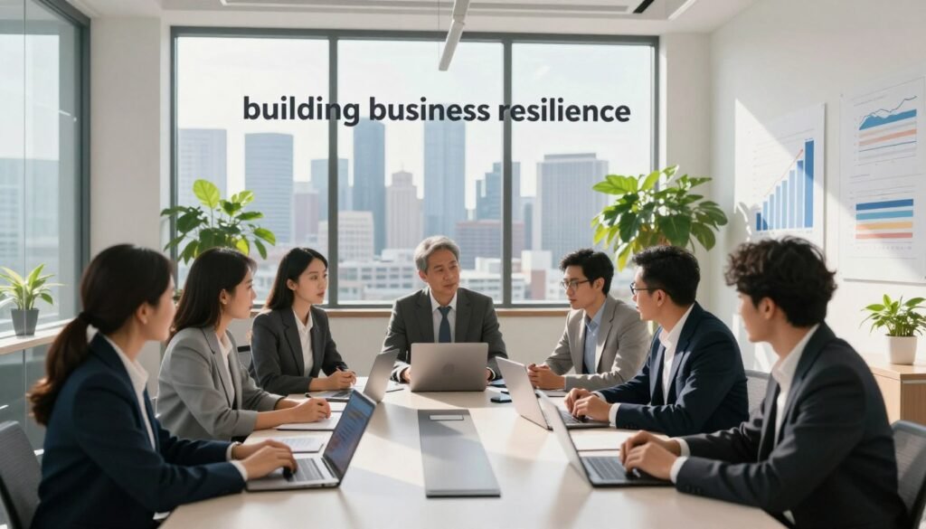 A modern corporate office environment representing "building business resilience." In the foreground, a diverse group of professionals in business attire, engaged in brainstorming and collaboration, with laptops and digital tablets on a sleek conference table. In the middle ground, a large window showcasing a city skyline, symbolizing growth and opportunities, with sunlight casting soft shadows, creating an uplifting atmosphere. The background features motivational visuals like charts and graphs on a wall, demonstrating resilience metrics, and lush indoor plants enhancing the environment. The lighting is bright and welcoming, with a focus on clarity and inspiration, evoking a sense of determination and forward-thinking mindset in the composition.