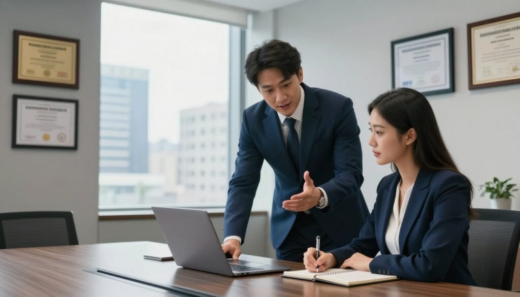 A modern office environment showcasing two business professionals, a man and a woman, standing together with their laptops open on a sleek conference table. The man, wearing a tailored navy suit, is animatedly discussing strategies, while the woman, in a smart business dress, takes notes thoughtfully. In the background, a large window lets in natural light, illuminating the city skyline and giving a sense of growth and opportunity. On the walls, framed certifications and awards reflect their business success and achievements. The atmosphere is focused and optimistic, highlighting the importance of building business credit. A subtle color palette of blues and grays enhances professionalism, while soft shadows create depth, emphasizing the collaborative spirit and ambition of entrepreneurship.