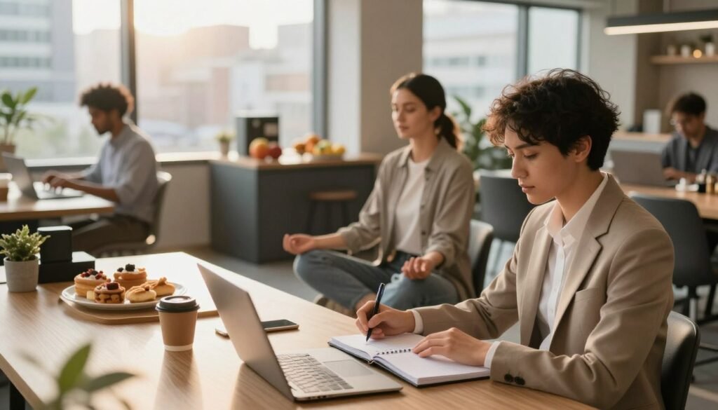 A modern, stylish co-working space filled with natural light, showcasing three diverse entrepreneurs engaging in an adaptable morning routine. In the foreground, one entrepreneur in professional business attire is writing in a planner, while another, casually dressed, meditates with a serene expression. The middle ground features a sleek coffee station with fresh pastries and fruit. In the background, large windows reveal a bustling cityscape awakening to the day. Soft, warm lighting creates an inspiring atmosphere, emphasizing focus and productivity. Use a slightly elevated angle to capture the dynamic interactions among the entrepreneurs, while subtle bokeh effect softens the background. The mood is energetic yet calm, reflecting a harmonious balance of work and mindfulness essential for scaling a business.