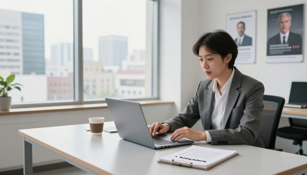 A professional business owner is seated at a sleek, modern desk in a bright, airy office, confidently engaging with an audience through a laptop. In the foreground, a notepad with bullet points titled "Building Authority" rests next to a cup of coffee, symbolizing strategy and readiness. In the middle, a large window reveals a bustling cityscape, representing market reach and opportunities. Soft, natural light fills the room, creating an inviting atmosphere. In the background, motivational posters related to success and credibility adorn the walls, reinforcing the theme of authority. The overall mood is dynamic yet focused, capturing the essence of expanding influence in the digital space. The scene is shot from a slightly elevated angle to emphasize the authority and professionalism of the business owner in modest clothing.