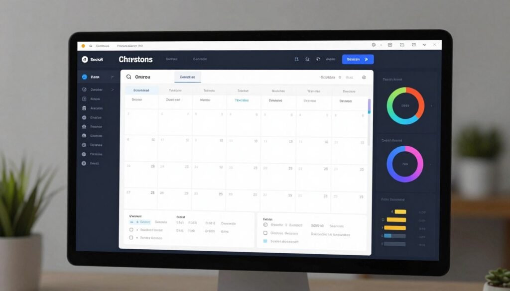 A professional digital dashboard showing a social media scheduling tool with a clean interface, calendar view, and colorful engagement analytics, high quality, 4k.