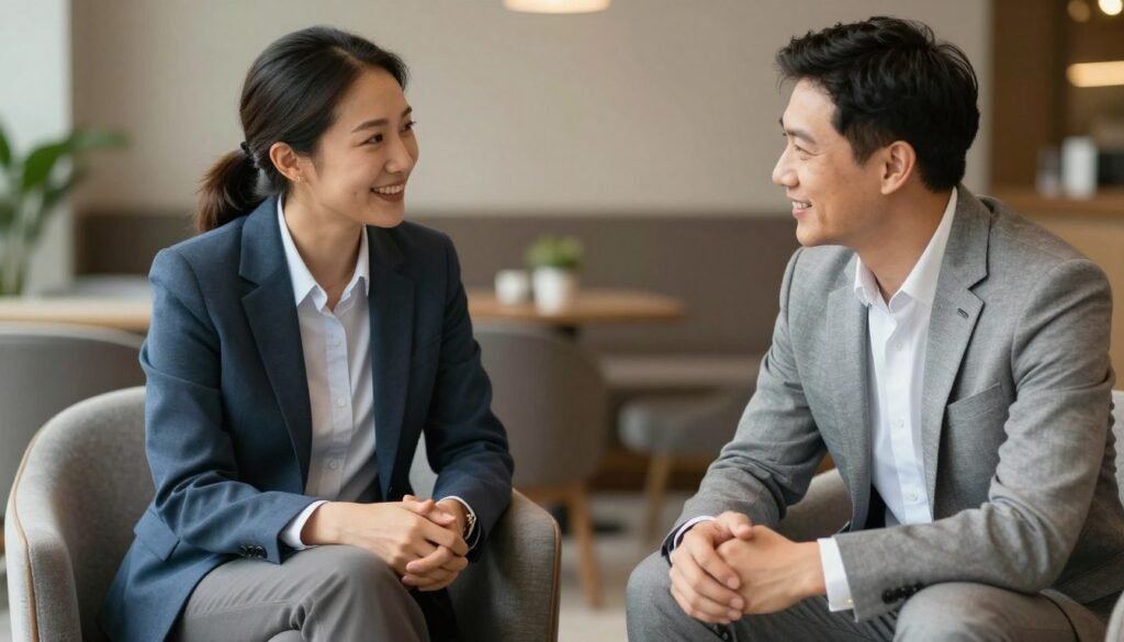 A professional photograph of two business mentors sitting in a comfortable lounge, sharing advice and laughing together, high resolution, warm and authentic atmosphere. A professional photograph of two business mentors sitting in a comfortable lounge, sharing advice and laughing together, high resolution, warm and authentic atmosphere.