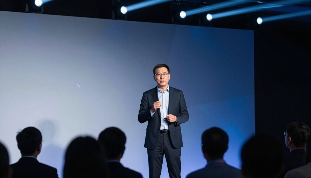 A professional scene of a high-level expert delivering a keynote speech at a modern corporate conference, cinematic lighting, photorealistic, 4k resolution, focused on professional authority and engagement.