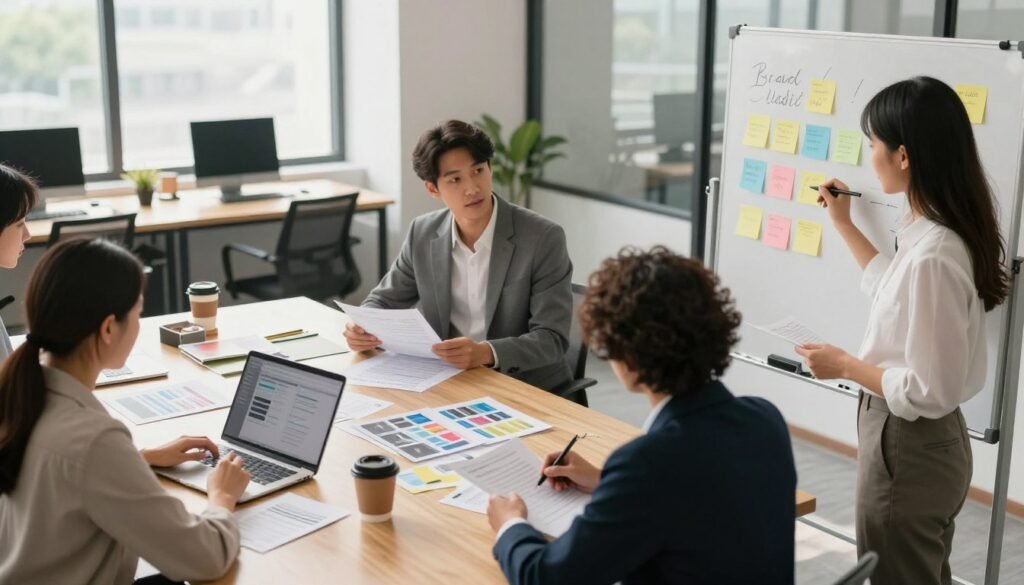 A professional setting showcasing a brand voice audit process. In the foreground, a diverse team of three individuals in business attire; one woman analyzing notes on her laptop, a man reviewing documents, and a woman writing on a whiteboard filled with sticky notes. In the middle ground, a large table scattered with papers, marketing materials, and coffee cups to signify an active brainstorming session. The background features a well-lit modern office with large windows, allowing natural sunlight to illuminate the space. The mood is focused and collaborative, reflecting the importance of teamwork in evaluating brand communication. Use soft natural lighting to enhance the welcoming atmosphere, captured from a slightly elevated angle to showcase the team dynamics and workspace.