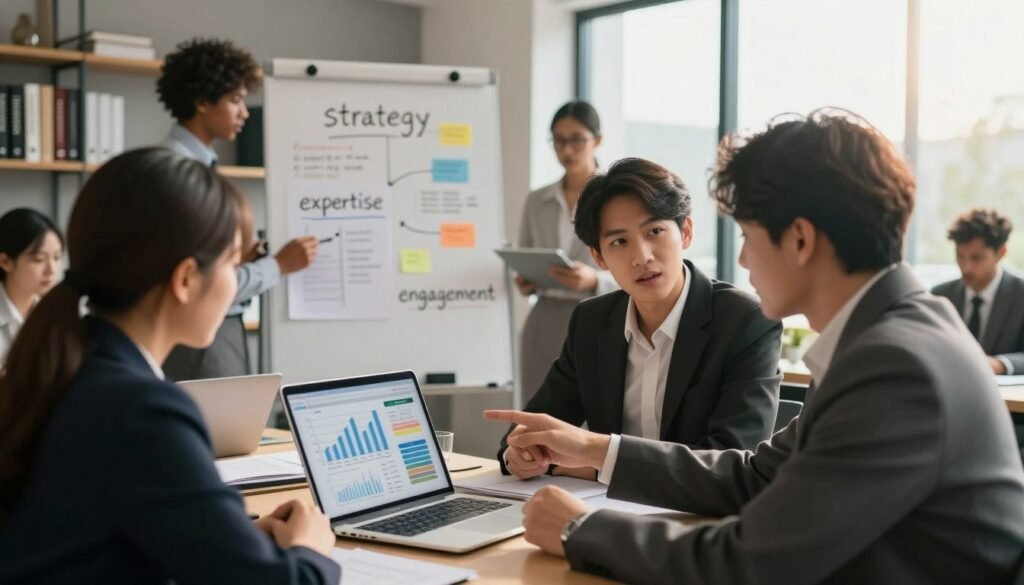 A professional workspace depicting a diverse group of business professionals collaborating on thought leadership strategies. In the foreground, two individuals in business attire, one with a laptop open, discussing ideas while pointing at a digital tablet displaying graphs and statistics. In the middle, a whiteboard filled with brainstorming notes, keywords like "strategy," "expertise," and "engagement" visually arranged. The background features shelves with business books and a large window allowing natural light to pour in, casting a warm glow over the scene. The mood is focused and dynamic, conveying a sense of teamwork and innovation. Use soft, diffused lighting to create an inviting atmosphere, captured from a slightly elevated angle to showcase the collaboration effectively.