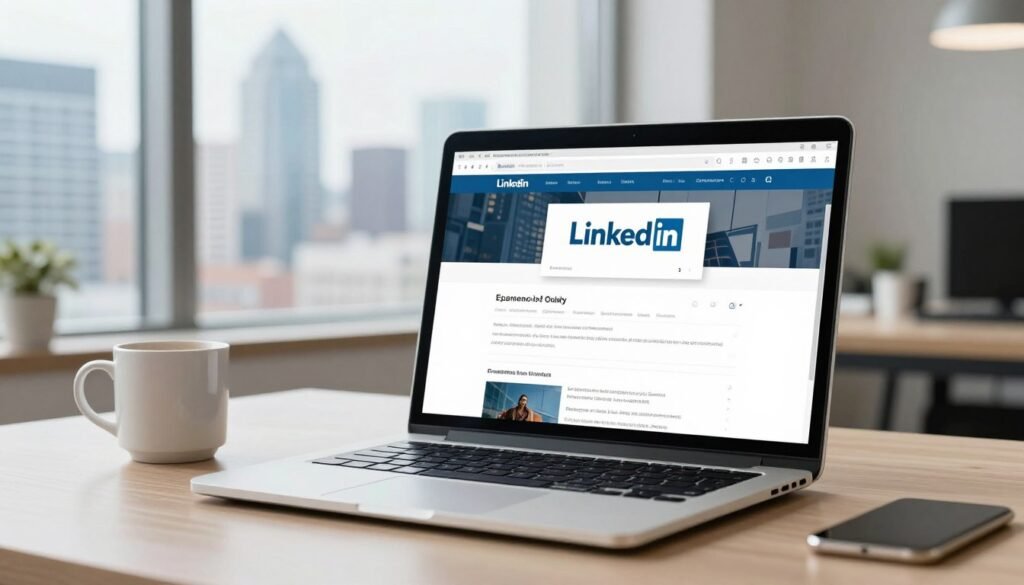 A professional workspace featuring a clean laptop display showing a LinkedIn profile, a coffee mug, and a bright window overlooking a modern city skyline, high resolution, professional photography style.