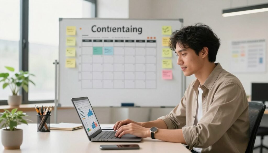 A professional workspace illustrating a founder-led content creation system. In the foreground, a confident entrepreneur in smart casual attire sits at a modern desk, engaging with a laptop filled with content ideas and analytics. The middle section shows a well-organized content calendar on a whiteboard, surrounded by post-it notes with creative concepts. In the background, large windows let in soft, natural light, casting a warm glow over the space, enhancing the atmosphere of innovation and productivity. A potted plant adds a touch of green to the scene, creating a balance between technology and nature. The overall mood is energetic and inspiring, emphasizing the importance of strategic content creation in marketing.