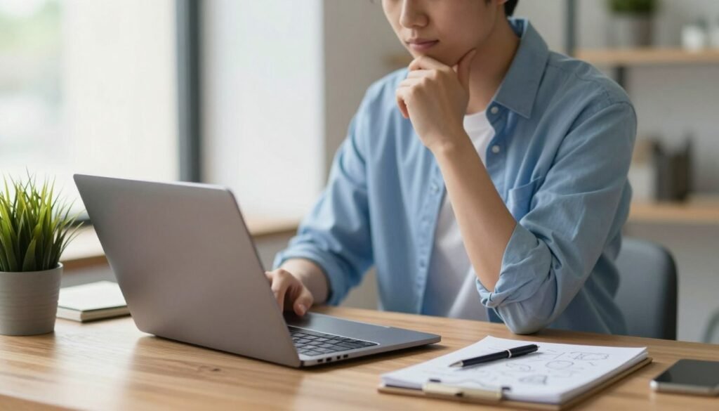 A serene and inviting workspace symbolizing personal branding strategies for introverts. In the foreground, a thoughtfully arranged desk with a laptop open to a professional networking site, a potted plant, and a notepad filled with ideas. The middle layer features a person in professional attire, deep in thought, looking at the laptop; their body language is confident yet calm, embodying an introverted nature. The background shows soft, diffused natural light streaming through a large window, illuminating the space. The atmosphere is warm and inspiring, highlighting focus and introspection, with a color palette of soft blues and earthy tones that evoke creativity and tranquility. A serene and inviting workspace symbolizing personal branding strategies for introverts. In the foreground, a thoughtfully arranged desk with a laptop open to a professional networking site, a potted plant, and a notepad filled with ideas. The middle layer features a person in professional attire, deep in thought, looking at the laptop; their body language is confident yet calm, embodying an introverted nature. The background shows soft, diffused natural light streaming through a large window, illuminating the space. The atmosphere is warm and inspiring, highlighting focus and introspection, with a color palette of soft blues and earthy tones that evoke creativity and tranquility.