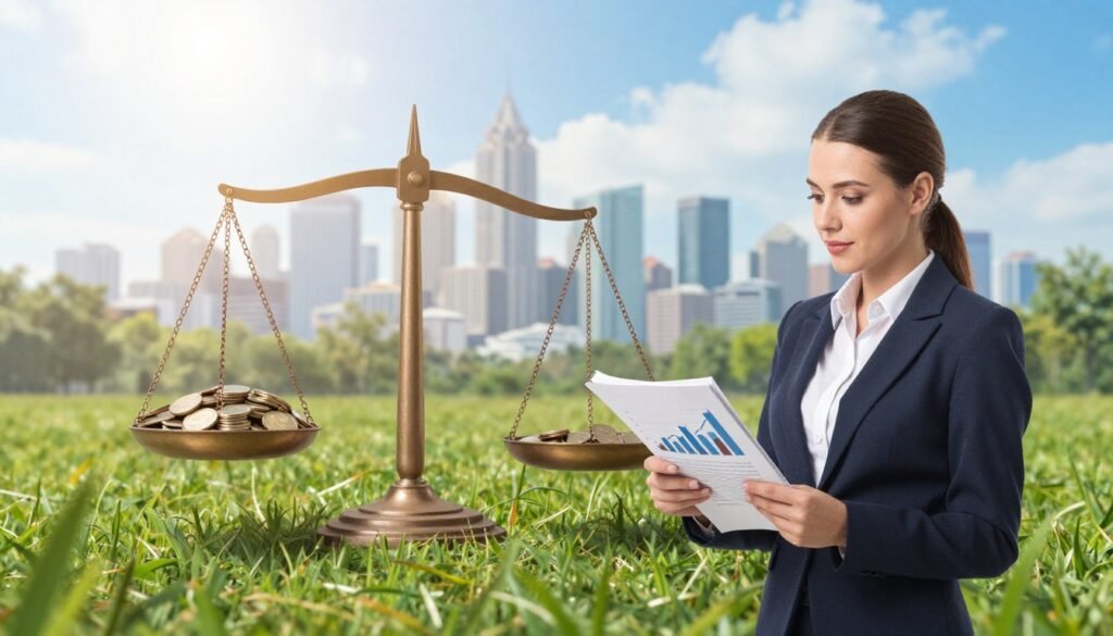 A serene landscape with a modern, flourishing city skyline, symbolizing wealth and prosperity. In the foreground, a confident businesswoman in professional attire, holding a stack of financial documents and a tablet, examines a rising graph showcasing growth. In the middle, a balanced scale displays coins on one side and chains representing debt on the other, emphasizing the theme of treating debt as the enemy of wealth. The background features lush greenery and a bright blue sky, evoking optimism and success. Use soft, natural lighting to create an inviting atmosphere, with the sun illuminating the scene from a low angle, capturing the essence of hope and aspiration in wealth building. A serene landscape with a modern, flourishing city skyline, symbolizing wealth and prosperity. In the foreground, a confident businesswoman in professional attire, holding a stack of financial documents and a tablet, examines a rising graph showcasing growth. In the middle, a balanced scale displays coins on one side and chains representing debt on the other, emphasizing the theme of treating debt as the enemy of wealth. The background features lush greenery and a bright blue sky, evoking optimism and success. Use soft, natural lighting to create an inviting atmosphere, with the sun illuminating the scene from a low angle, capturing the essence of hope and aspiration in wealth building.