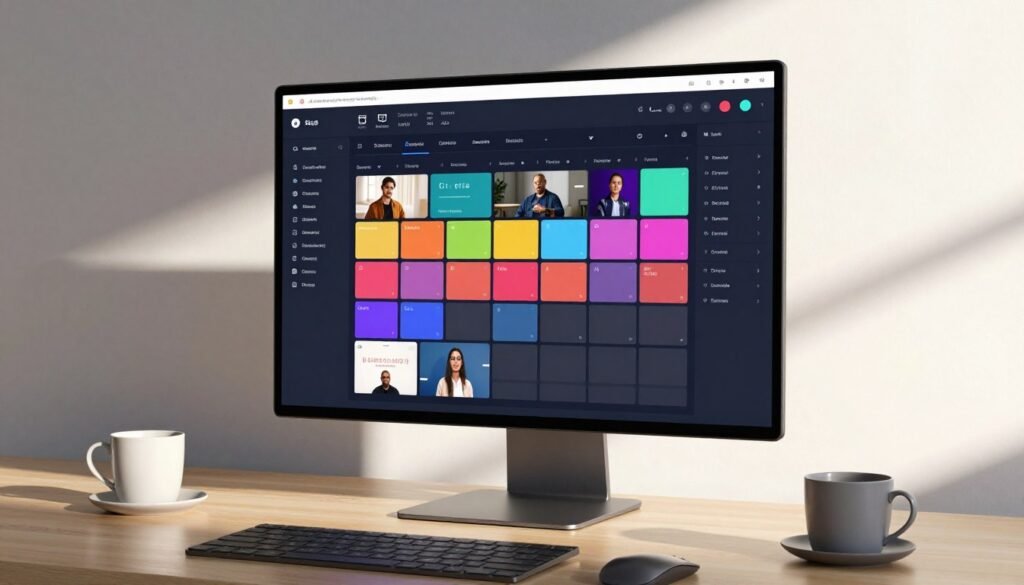 A sleek, modern digital dashboard showing a vibrant content calendar on a high-resolution monitor, surrounded by a minimalist workspace with a coffee cup and soft morning light, 4k, photorealistic.