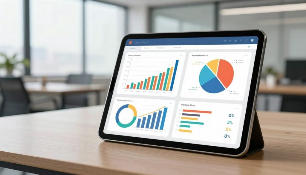 A sleek, professional digital dashboard on a tablet showing social media analytics tools with colorful bar graphs, pie charts, and engagement icons, modern office background, soft daylight.
