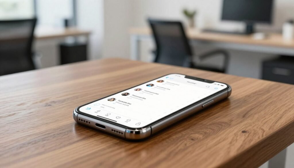 A sleek smartphone on a wooden desk showing a viral Twitter thread with many likes and retweets, blurred background of a modern tech office, high quality.