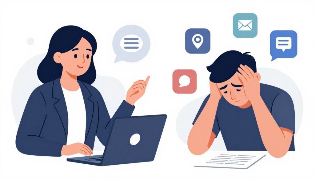 A split-screen illustration showing a successful small business owner focusing on one social media platform versus a stressed owner failing to manage five different apps. A split-screen illustration showing a successful small business owner focusing on one social media platform versus a stressed owner failing to manage five different apps.