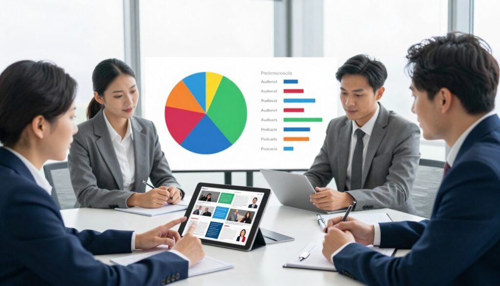 A visually engaging infographic illustrating audience preferences for content formats. In the foreground, a diverse group of professionals dressed in business attire discuss around a modern conference table, examining a digital tablet displaying various content types like videos, articles, podcasts, and infographics. In the middle ground, colorful pie charts and graphs emerge from the table, showcasing audience preferences in a clear, concise manner. The background features a sleek office environment with large windows letting in bright, natural light, creating a vibrant and productive atmosphere. The overall mood is focused and analytical, emphasizing strategic decision-making. Use a slightly elevated angle to capture the collaborative spirit of the scene while maintaining a clean, fresh visual style. A visually engaging infographic illustrating audience preferences for content formats. In the foreground, a diverse group of professionals dressed in business attire discuss around a modern conference table, examining a digital tablet displaying various content types like videos, articles, podcasts, and infographics. In the middle ground, colorful pie charts and graphs emerge from the table, showcasing audience preferences in a clear, concise manner. The background features a sleek office environment with large windows letting in bright, natural light, creating a vibrant and productive atmosphere. The overall mood is focused and analytical, emphasizing strategic decision-making. Use a slightly elevated angle to capture the collaborative spirit of the scene while maintaining a clean, fresh visual style.