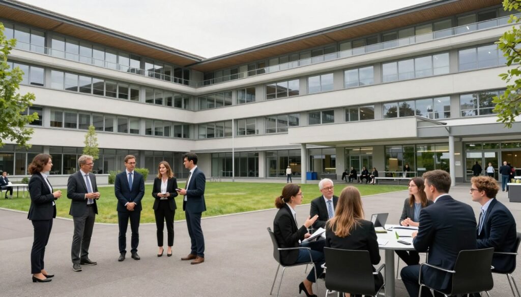 A wide-angle professional shot of the IMD business school campus in Lausanne, Switzerland, symbolizing elite executive education and high performance leadership training.