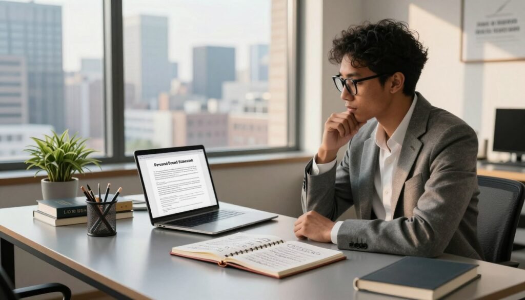 An entrepreneur focused on crafting a personal brand statement sits at a sleek, modern desk in a well-lit office. The foreground features a diverse individual in professional attire, wearing glasses, looking thoughtfully at a notebook filled with handwritten notes and ideas. In the middle ground, a laptop displays a polished document titled "Personal Brand Statement." Various inspirational items like success books and a stylish plant surround the workspace, enhancing creativity. The background reveals a large window showcasing a bustling city skyline under natural afternoon light, casting a warm glow in the room. The overall mood is focused, aspirational, and professional, illustrating the essence of building a personal brand. An entrepreneur focused on crafting a personal brand statement sits at a sleek, modern desk in a well-lit office. The foreground features a diverse individual in professional attire, wearing glasses, looking thoughtfully at a notebook filled with handwritten notes and ideas. In the middle ground, a laptop displays a polished document titled "Personal Brand Statement." Various inspirational items like success books and a stylish plant surround the workspace, enhancing creativity. The background reveals a large window showcasing a bustling city skyline under natural afternoon light, casting a warm glow in the room. The overall mood is focused, aspirational, and professional, illustrating the essence of building a personal brand.