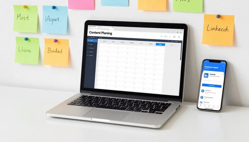 An organized digital workspace showing a laptop with a content planning calendar, colorful sticky notes on a wall, and a smartphone displaying a scheduled LinkedIn post.