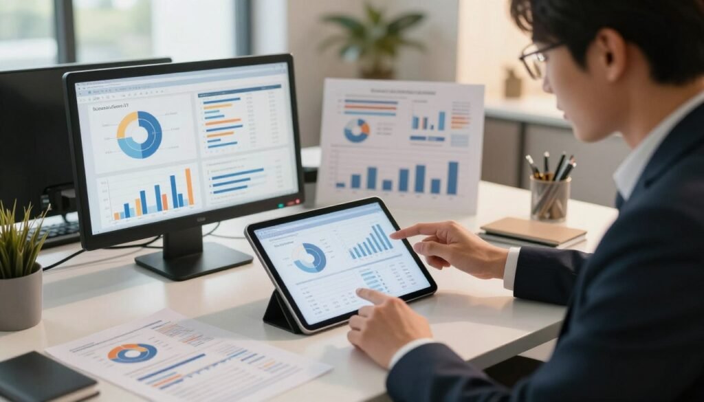 An organized office desk setting filled with various performance data charts and achievement metrics displayed prominently on a sleek digital tablet. In the foreground, a professional individual dressed in business attire, confidently reviewing the data, with a focused expression. The background features a modern office environment with soft, warm lighting that creates a positive, encouraging atmosphere. A large window allows natural light to filter in, casting gentle shadows. The composition is shot from a slightly elevated angle, emphasizing the detailed charts and figures on the tablet. The overall mood conveys determination and clarity, highlighting the importance of quantifiable evidence in professional discussions.