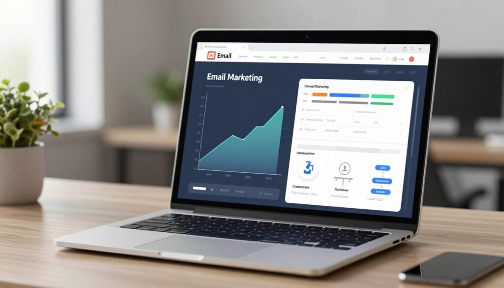 High-quality 3D render of a modern digital dashboard showing email marketing analytics, subscriber growth charts, and automation workflow icons on a sleek laptop screen, soft office lighting, minimalist aesthetic. High-quality 3D render of a modern digital dashboard showing email marketing analytics, subscriber growth charts, and automation workflow icons on a sleek laptop screen, soft office lighting, minimalist aesthetic.